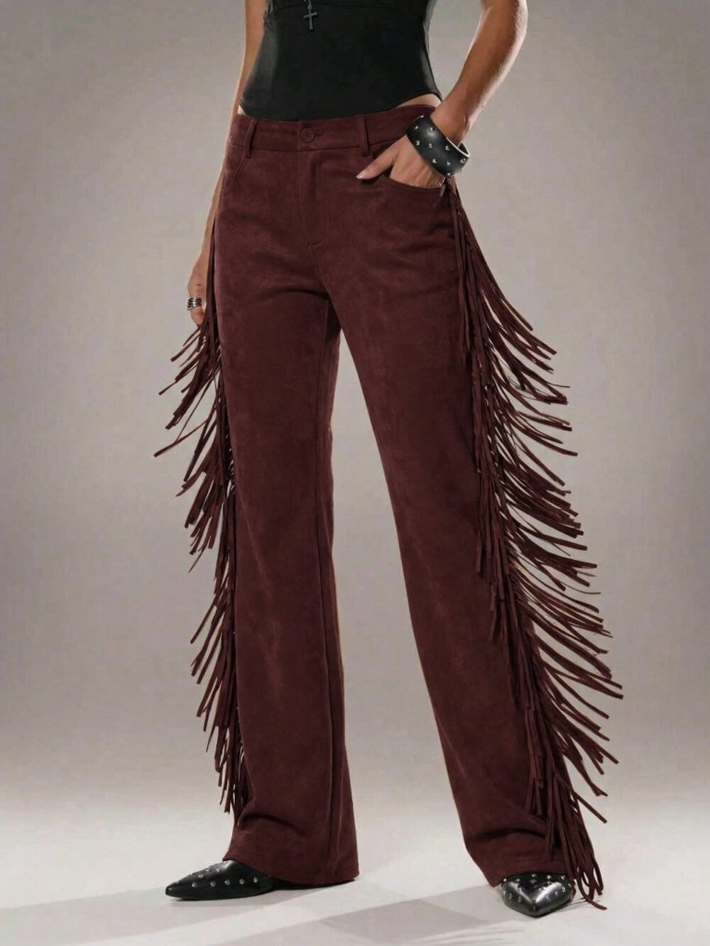 Burgundy Western Cowboy Casual Women's Flared Fringed Suede Pants